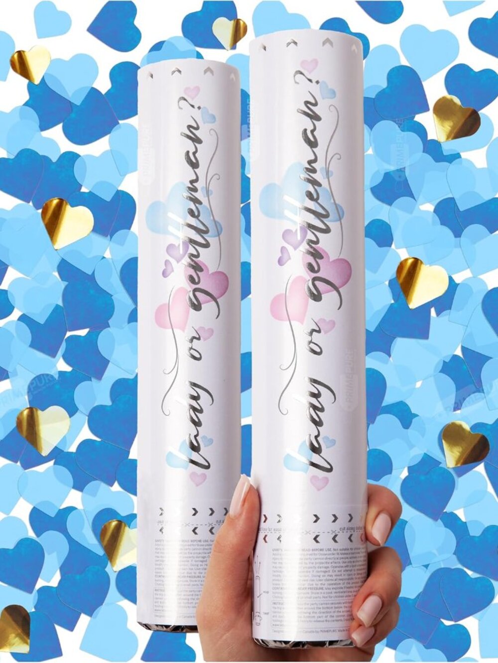 Gender Reveal Confetti Cannon, Heart Shaped, Blue Paper, 2 Pack